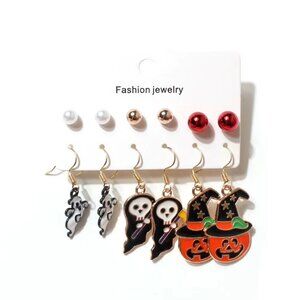Halloween Earrings Set 6 Pairs | Ghosts, Skulls, Pumpkins, Pearls | Fall Jewelry